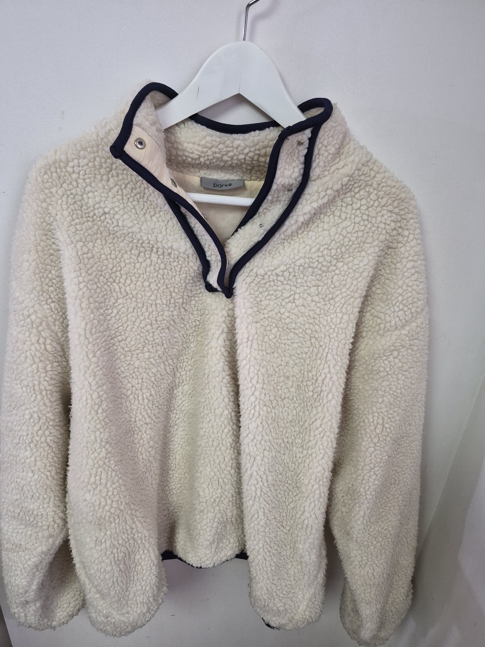 PARKE Teddy Pullover Fleece in cream/oat/ navy half closure oversizeL/XL Luxury